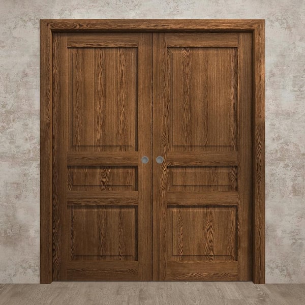 84 in. x 84 in. Cognac Oak Solid Wood Double Pocket Doors with Hardware