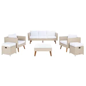 Presla Beige 6-Piece Wicker Patio Conversation Set with White Cushions