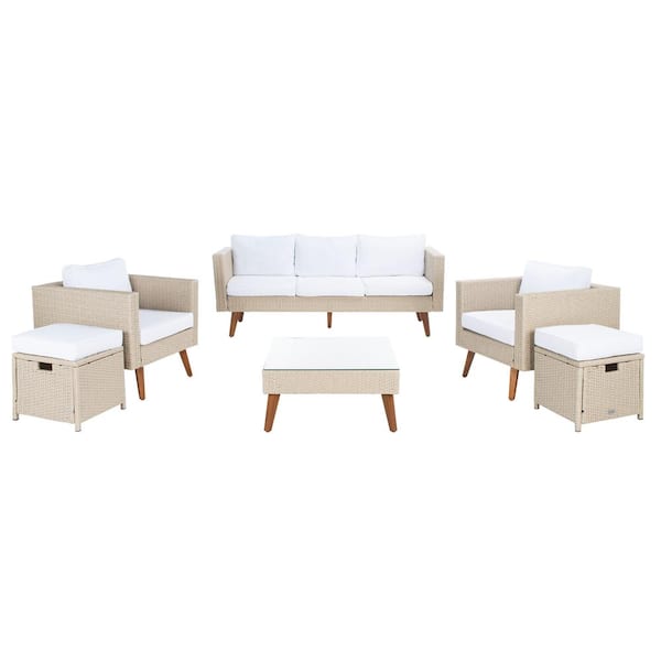 SAFAVIEH Presla Beige 6-Piece Wicker Patio Conversation Set with White Cushions