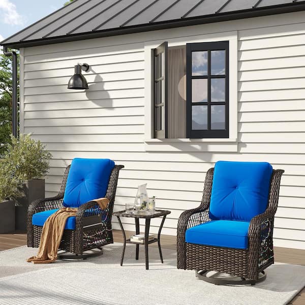 Bestier 3-Piece Wicker Patio Conversation Deep Seating Set with Blue Cushions and LED Lights