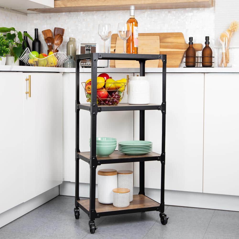 Brown Wood and Black Metal 4-Tier Rolling Utility Cart