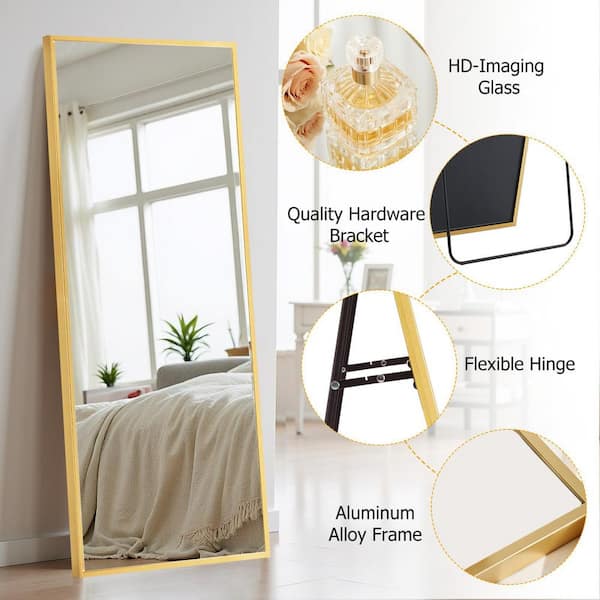 64 in. x 21 in. Full Length Rectangular Wall Mount Bathroom Vanity Mirror with Stand Aluminum Alloy Thin Frame in Gold