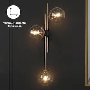 Modern Gold Bathroom Vanity Light with Globe Clear Glass Shades, 3-Light Black Wall Sconce for Bedroom Living Room Entry