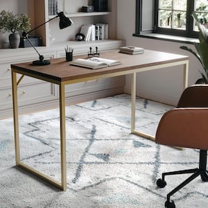 47 in. Rectangle Walnut/Polished Brass Engineered Wood Computer Desk