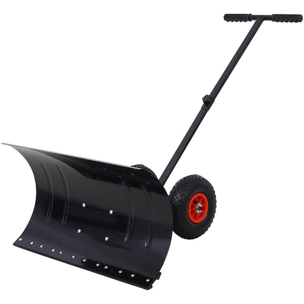 WELLFOR 47 in. Sheet Metal Handle Steel Snow Shovel Rolling Pusher with 29 in. Blade and 10 in. Wheels in Black and Red
