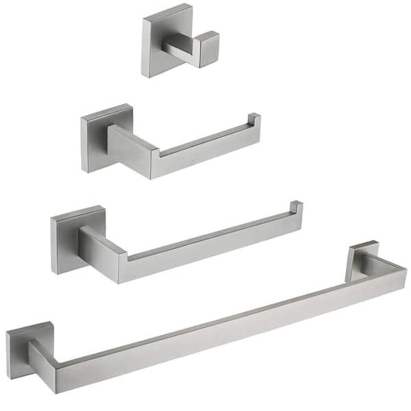 4-Piece Bath Hardware Set with 24 in. Towel Bar Toilet Paper Holder Towel Hook in Stainless Steel Brushed Nickel