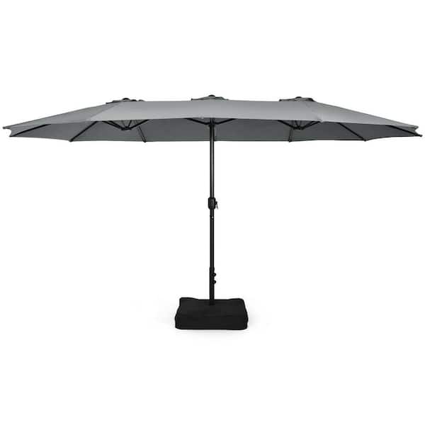 15 ft. Metal Market Patio Umbrella in Gray with Stand Double Sided Twin Outdoor Umbrella with Crank