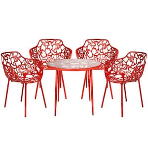 Devon Modern 5-Piece Aluminum Outdoor Dining Set with Glass Top Table and 4 Stackable Flower Design Arm Chairs (Red)