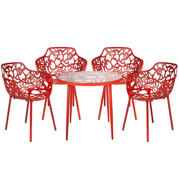 Leisuremod Devon Modern 5-Piece Aluminum Outdoor Dining Set with Glass Top Table and 4 Stackable Flower Design Arm Chairs (Red)