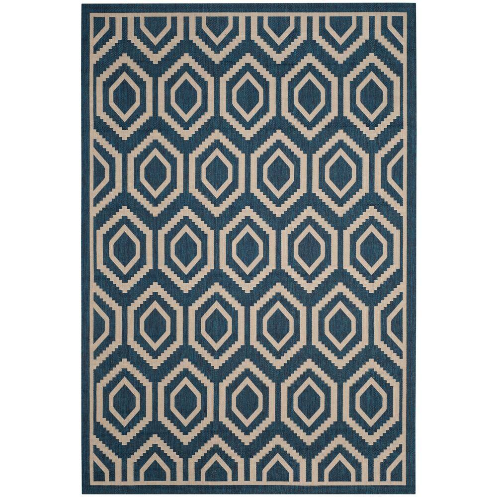 Navy and Beige Honeycomb Pattern Indoor/Outdoor Rug, 9' x 12'