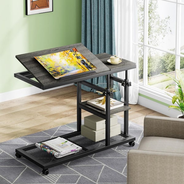 BYBLIGHT 31.5 in.  Mobile Black and Gray Height Adjustable C-shaped Table Particle Board End Table with Wheels, Storage Shelves