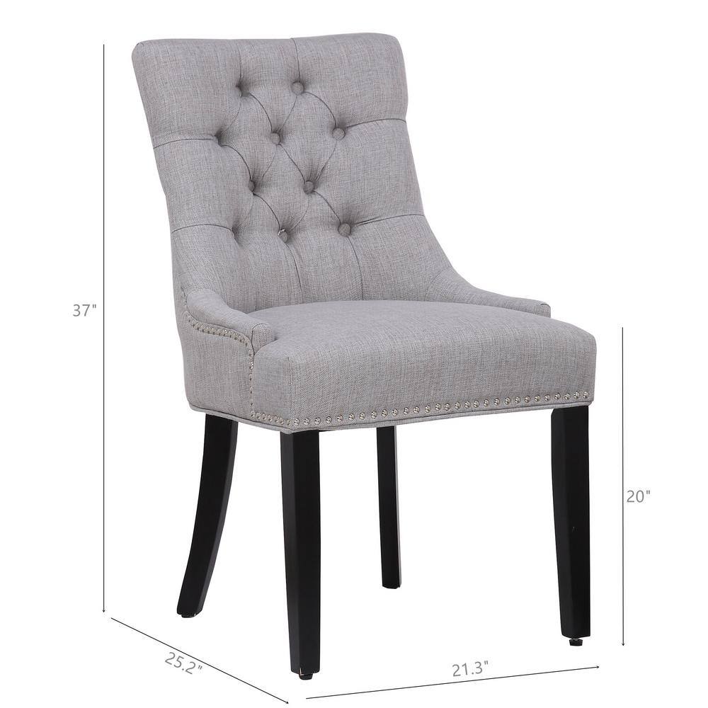 Elegant Gray Linen Upholstered High-Back Side Chair with Wood Accents