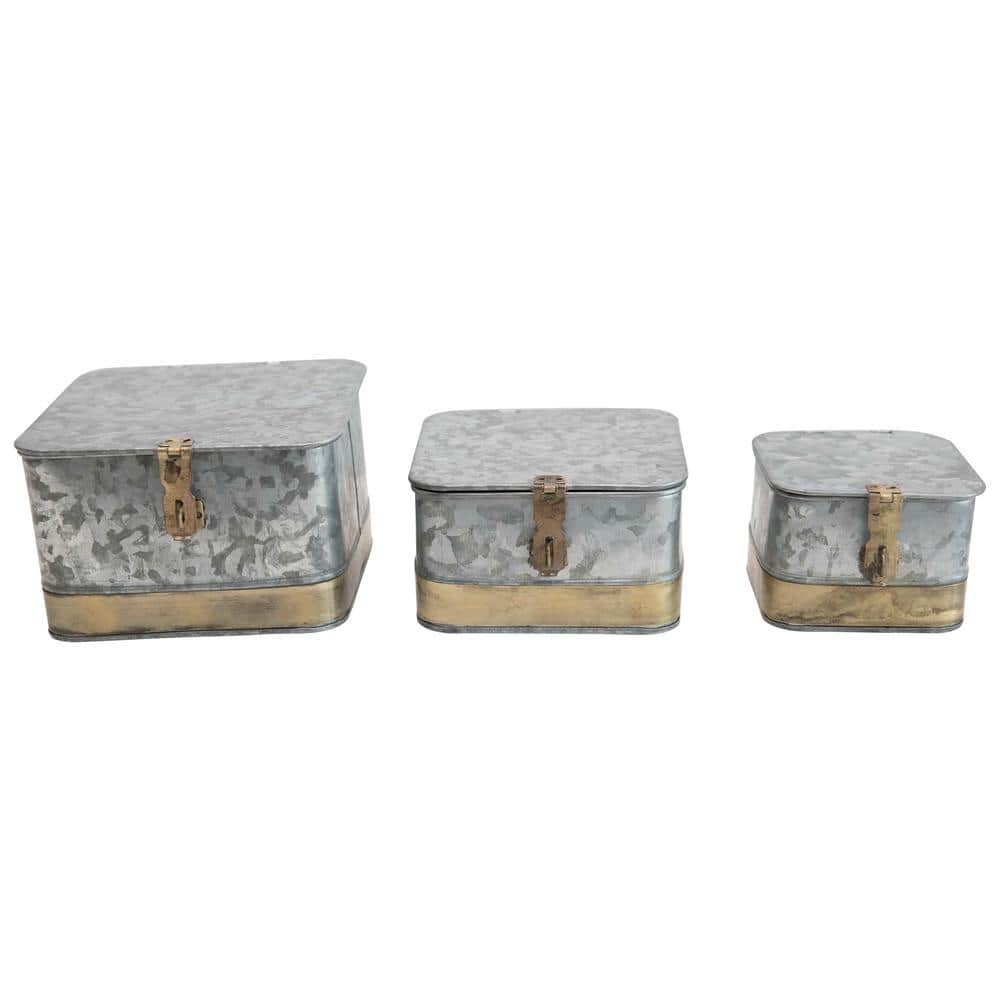 Rustic Galvanized Metal Lidded Storage Boxes with Brass Accents
