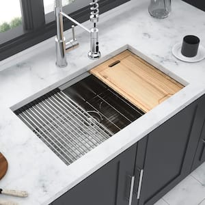 32 in. Undermount Single Bowl 18-Gauge Brushed Nickel Stainless Steel Kitchen Sink with Workstation