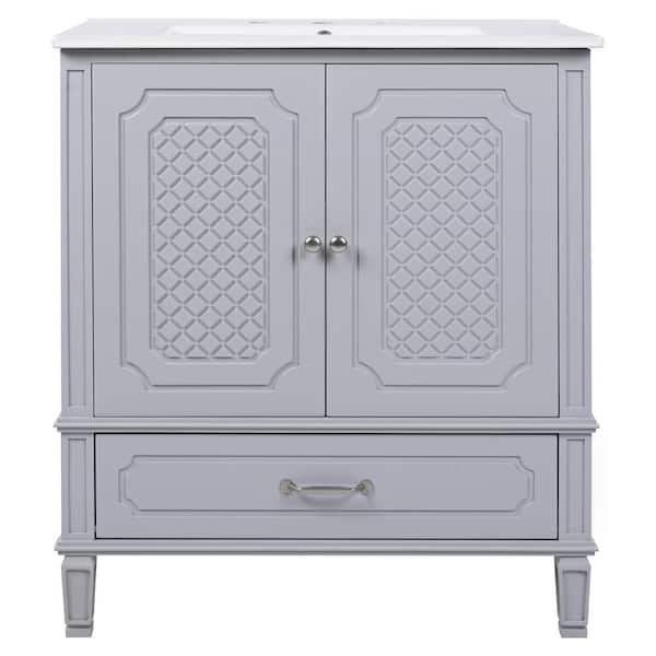 Ziyudura 30 in. Single Sink Freestanding Gray Bath Vanity with White Ceramic Top, Adjustable Shelf and Functional Drawer