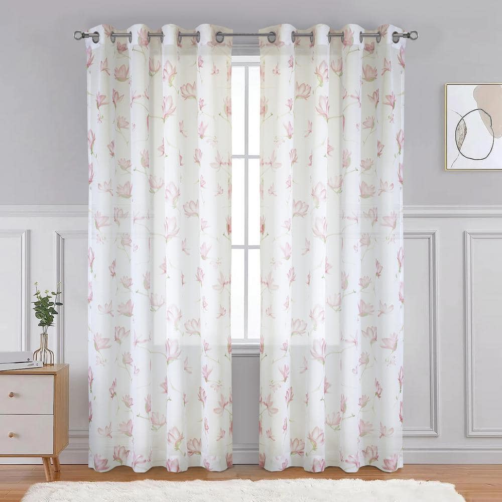 Magnolia White and Pink Sheer Linen-Like Grommet Curtain Panel