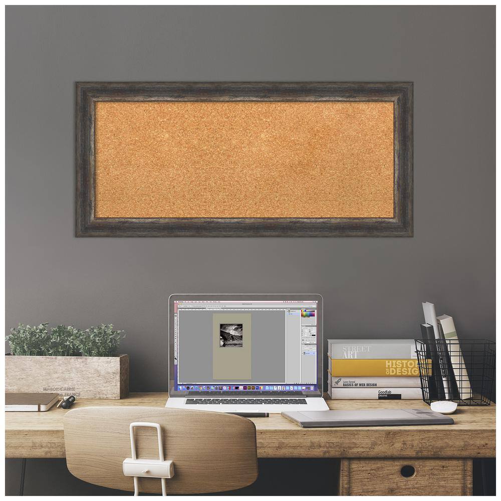Natural Cork Board with Bark Rustic Char Narrow Frame, 36" x 18"