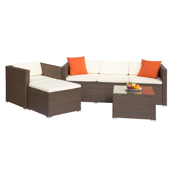 GOSHADOW Brown 4-Pieces Wicker Patio Conversation Sectional Seating Set with Beige Cushions