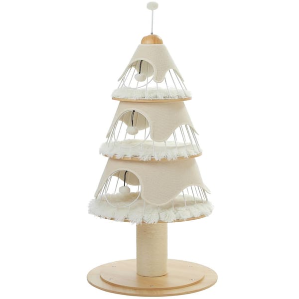 cenadinz 51.2 in. Tall Pine Shape Cat Tree Wood Thick Scratch Post Cat Condos Heavy Duty Cat Furniture for Small Cat in White