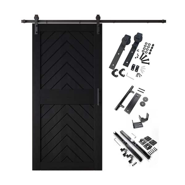 JT1 32 in. x 84 in. C-Panel Black Fishbone Design Solid Pine Wood Sliding Barn Door with Hardware Kit