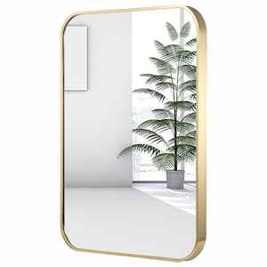 24 in. W x 32 in. H Gold Rounded Corner Aluminum Frame Bathroom Mirror, Wall Mirror Vanity Mirror