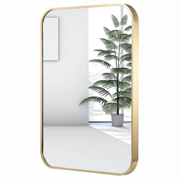 Unbranded 24 in. W x 32 in. H Gold Rounded Corner Aluminum Frame Bathroom Mirror, Wall Mirror Vanity Mirror