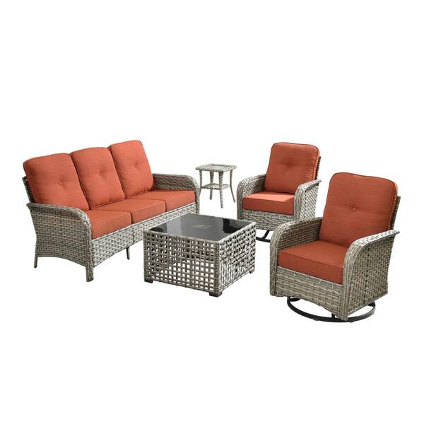 Beverly Gray 5-Piece Wicker Outdoor Patio Conversation Sofa Set with Swivel Rocking Chairs and Orange Red Cushions