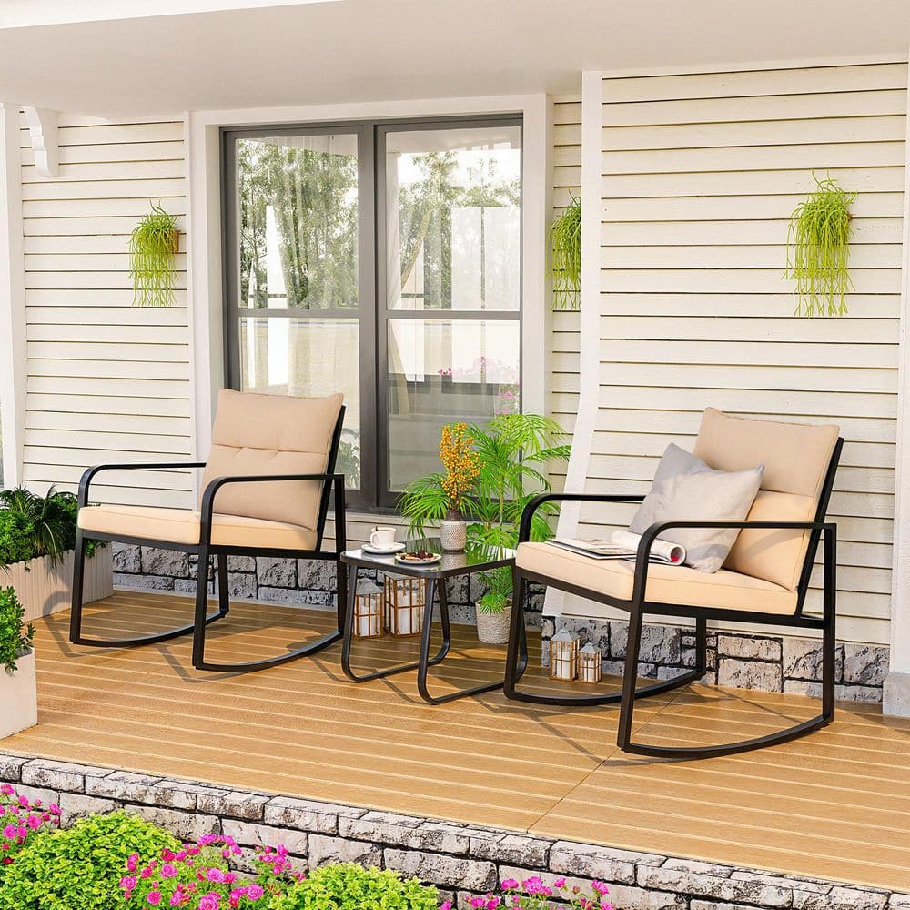 3-Piece Metal Outdoor Bistro Set with Beige Cushion, Rocking Chair with Coffee Table, for Balcony, Backyard price history on PriceWatchPro