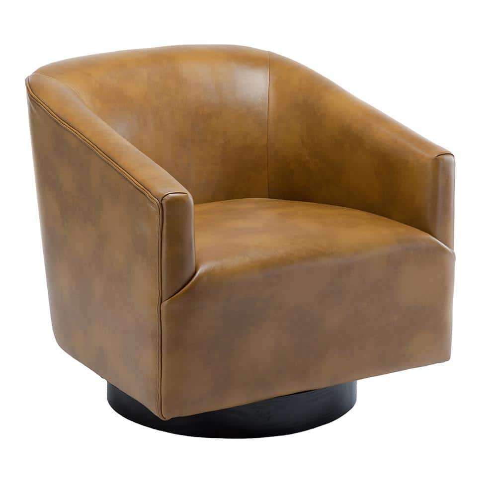 Gaven Camel Faux Leather Swivel Barrel Chair with Wood Base
