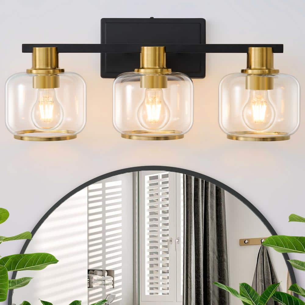 Deyidn 22.4 in. 3-Light Black and Gold Vanity Light with Glass Shade ...