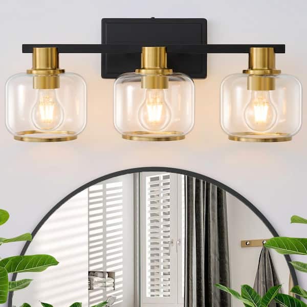 Deyidn 22.4 in. 3-Light Black and Gold Vanity Light with Glass Shade with Metal Ring, Dimmable Sconces Wall Light for Bathroom