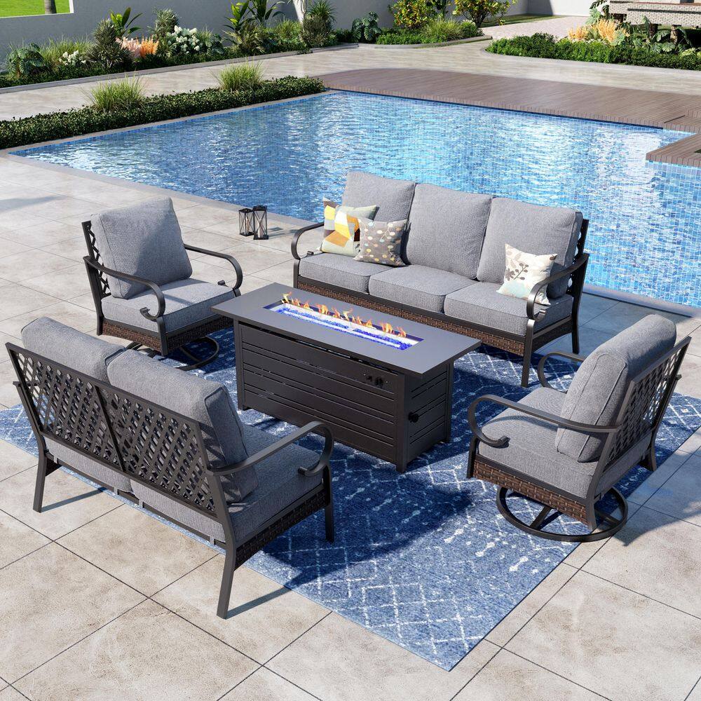 5-Piece Black Metal 7-Seats Fire Pit Patio Sets with Swivel Chairs, 50000 BTU Fire Pit Table and Gray Cushions price history on PriceWatchPro