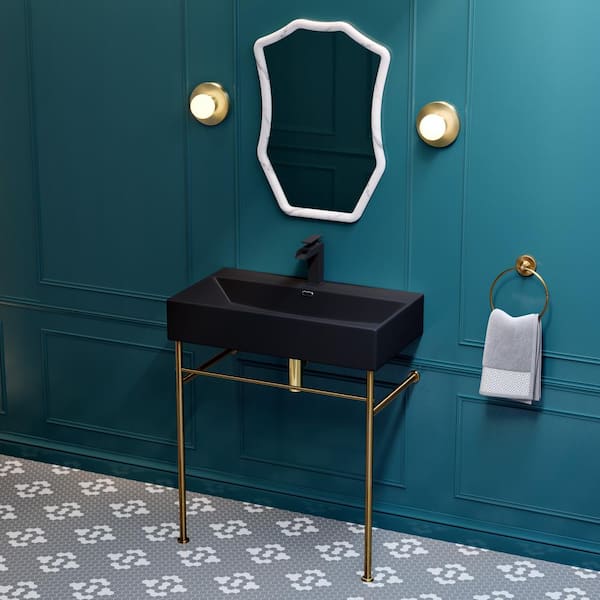 Swiss Madison Claire 30 in. Ceramic Console Sink Basin in Matte Black with Brushed Gold Legs