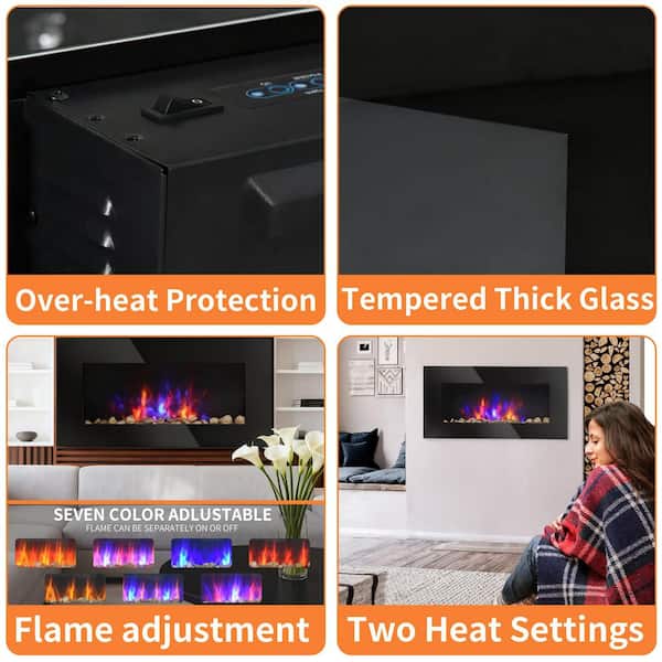 28.5 in. Wall-Mounted Electric Fireplace-725/1450W, 7-Color Flame, Remote Control, Tempered Glass, 161-400 sq. ft.,Black