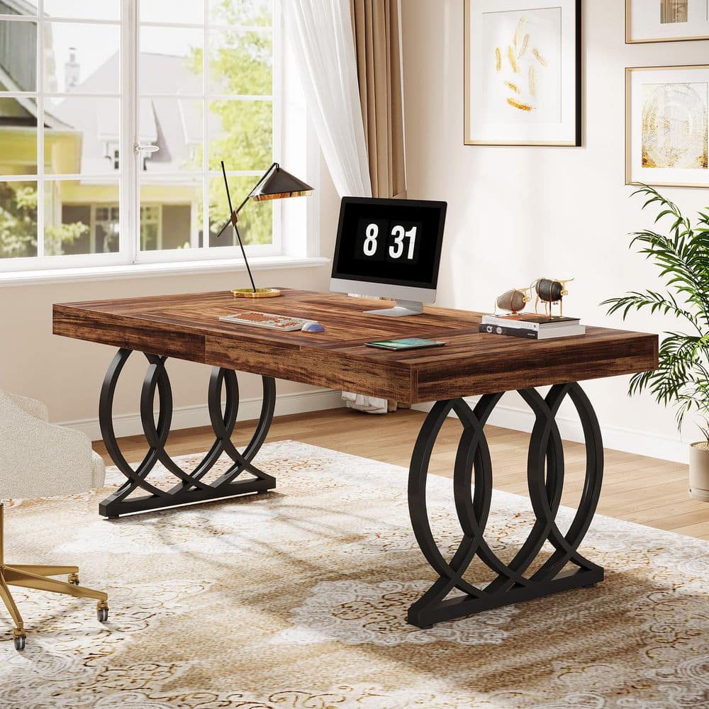63 in. Rectangular Brown and Black Wood Computer Desk, Modern Executive Desk Home Office Desk with Curved Metal Base