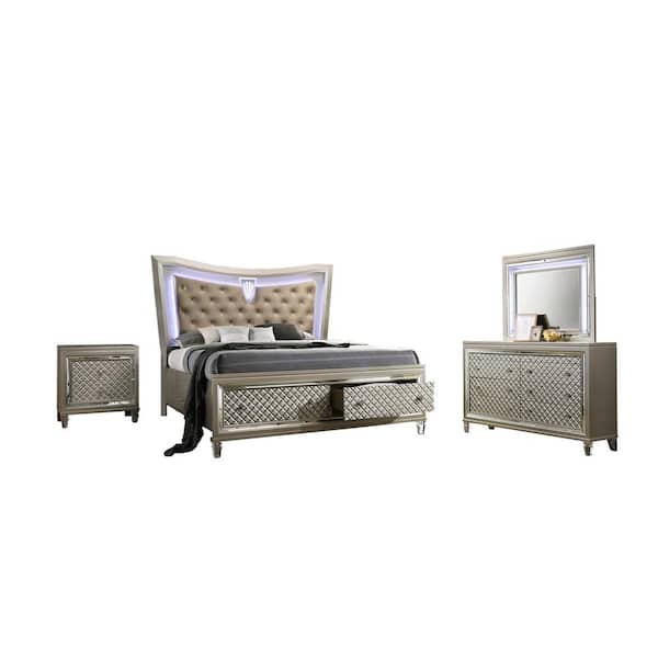 Best Quality Furniture Venetian 4-Piece Champagne Queen Bedroom Set