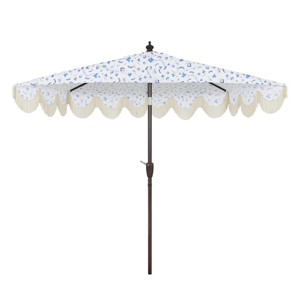 black and white floral patio umbrella JONATHAN Y Beverly 9 ft. Designer Scalloped Fringe Half Market Patio Umbrella with Crank and Push Button Tilt in Blue/White/Cream