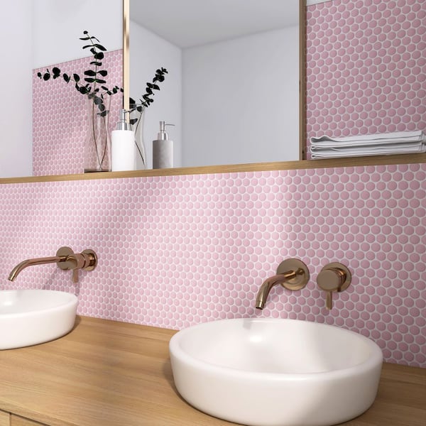 Caraco Pink Matte 3/4 in. Pennyround 12 in. x 12 in. Mosaic Porcelain Floor and Wall Tile (9.87 sq. ft./Case)