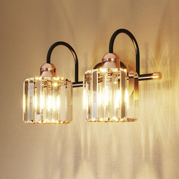 Merrin 14.3 in. 2-Lights Black Bathroom Vanity Light Wall Fixture for Bathroom Mirror with Crystal Shades