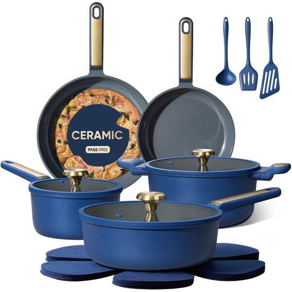 16-Piece Aluminum Cookware Set with Lids, Pots and Pan Set, Non Stick, Non Toxic, PFAS & PTFE Free, Dishwasher, Blue
