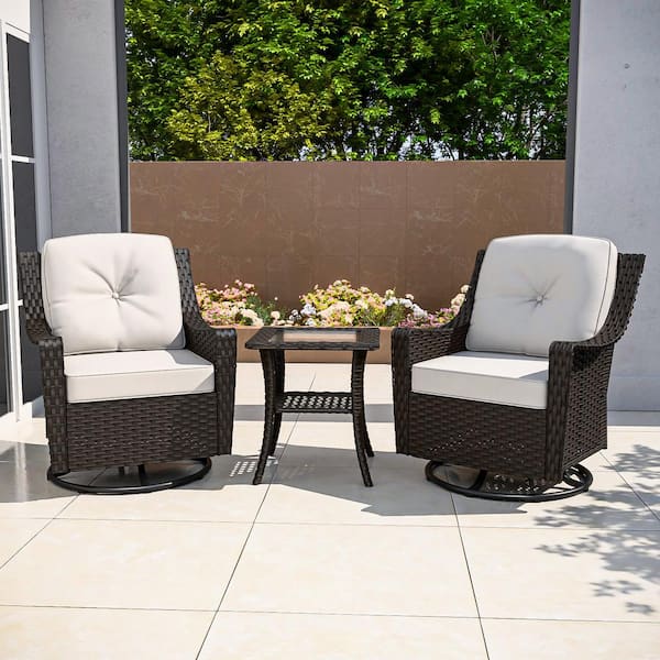 EAGLE PEAK Brown Rattan Wicker 3-Piece Outdoor Patio Conversation Set with Swivel Rocking Chairs, Table, and Beige Cushions