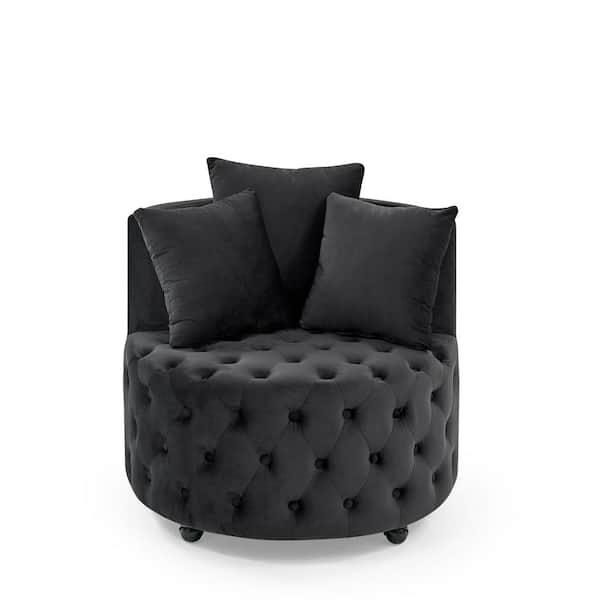 Black Velvet Large (26x30x30 in.) Bean Bag with Button Tufted Design, Swivel Base, and 3 Pillows