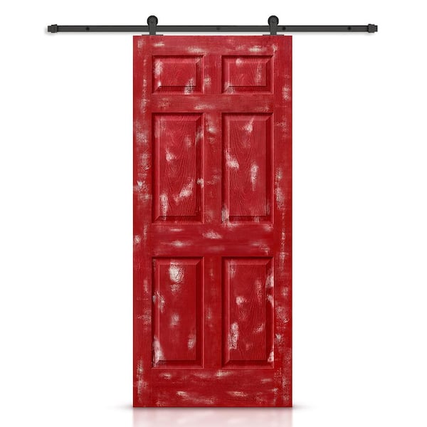 CALHOME 30 in. x 80 in. Vintage Red Stain Composite MDF 6 Panel Interior Sliding Barn Door with Hardware Kit