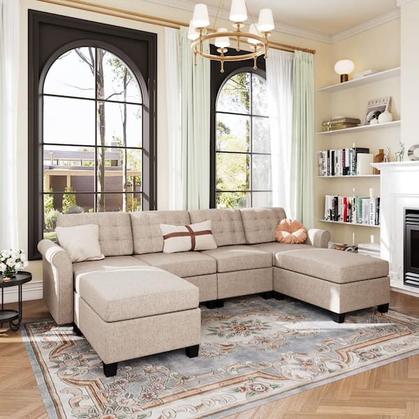 PHI VILLA 102.2 in Modern 6-Piece Linen U-Shaped Sectional Sofa with Double Ottoman in Beige