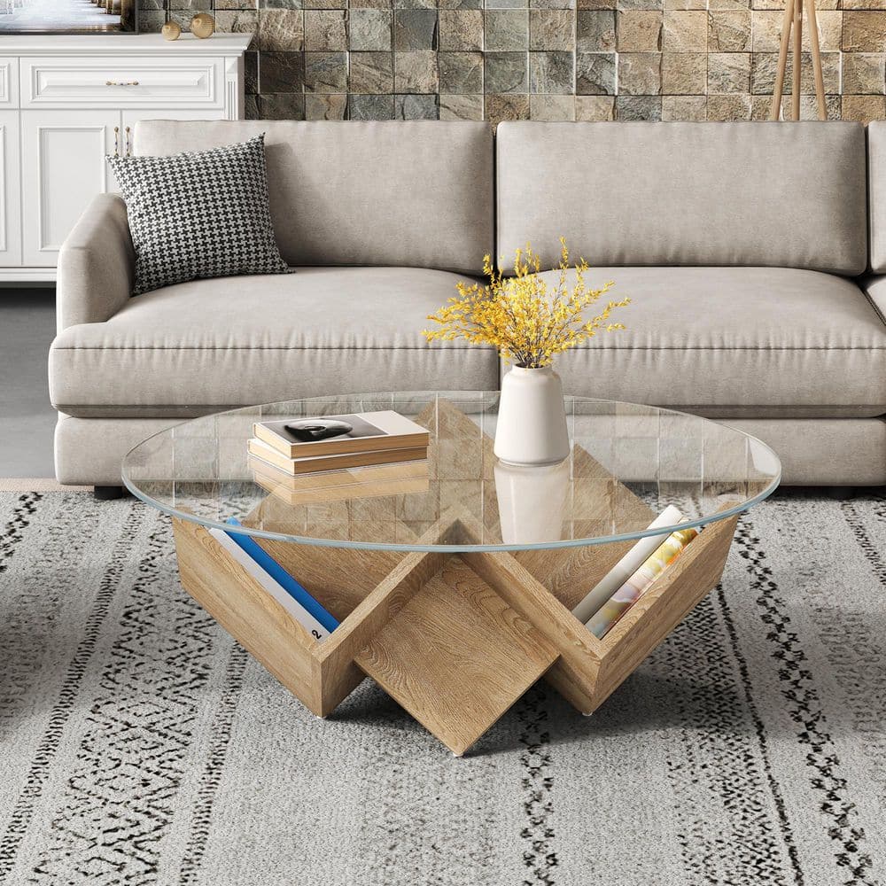 35.4 in. Natural Round Glass Top Coffee Table with Storage Shelves and Geometric Abstract Art Deco Base price history on PriceWatchPro