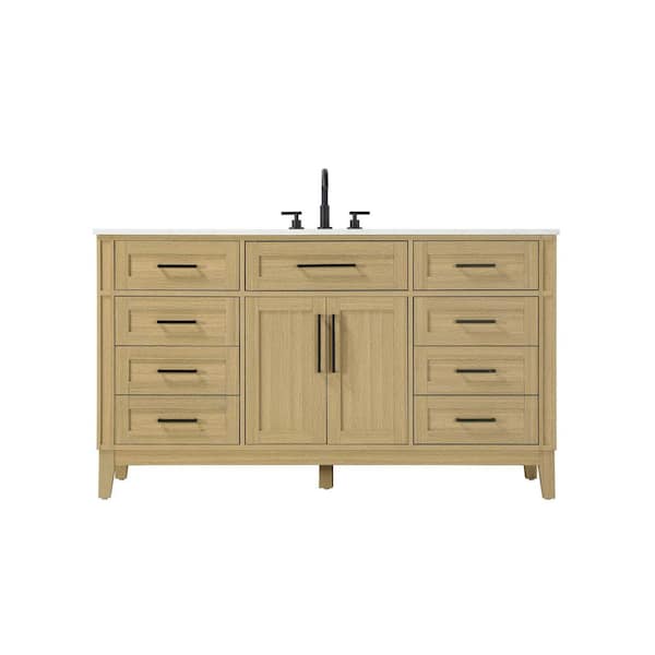 60 in. Single Sink Freestanding Honey Brown Bath Vanity with Marble White Engineered Marble Top