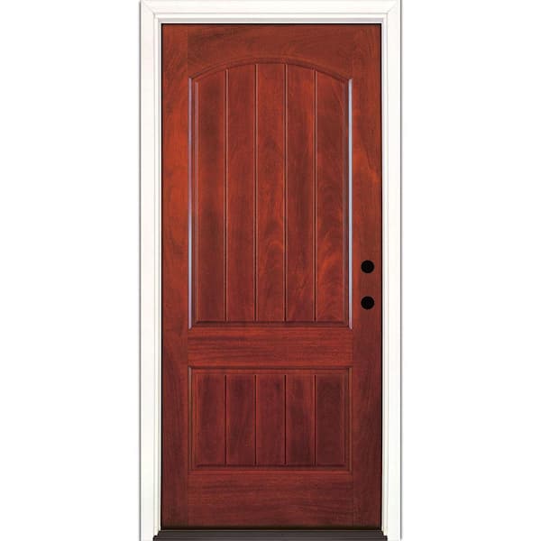 Feather River Doors 37.5 in. x 81.625 in. 2-Panel Plank Cherry Mahogany Stained Left-Hand Inswing Fiberglass Prehung Front Door
