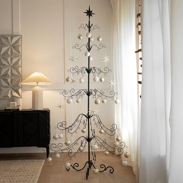 Barton 6.4ft Christmas Metal Ornament Tree - Features Hooks for Ornaments Small Craft Items Wrought Iron Ornament Display Easy Assembly - Black