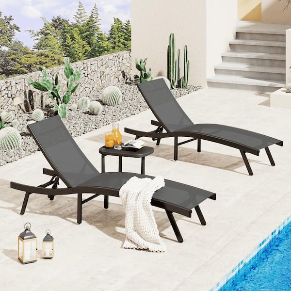 Outdoor Metal Chaise Lounge, Foldable and Assemble Free Pool Lounge Chairs with Adjustable Backres, Dark Grey-2 Piece