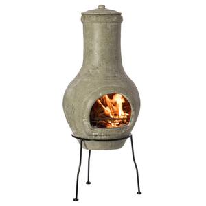 Indoor and Outdoor Beige Clay Chimenea Scribbled Design Fire Pit with Metal Stand